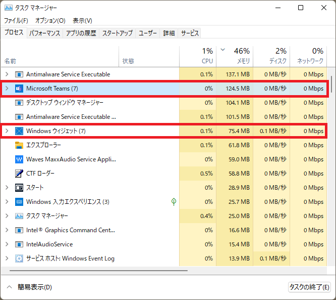 Windows11タスクマネージャーTeams/ウィジェットプロセス